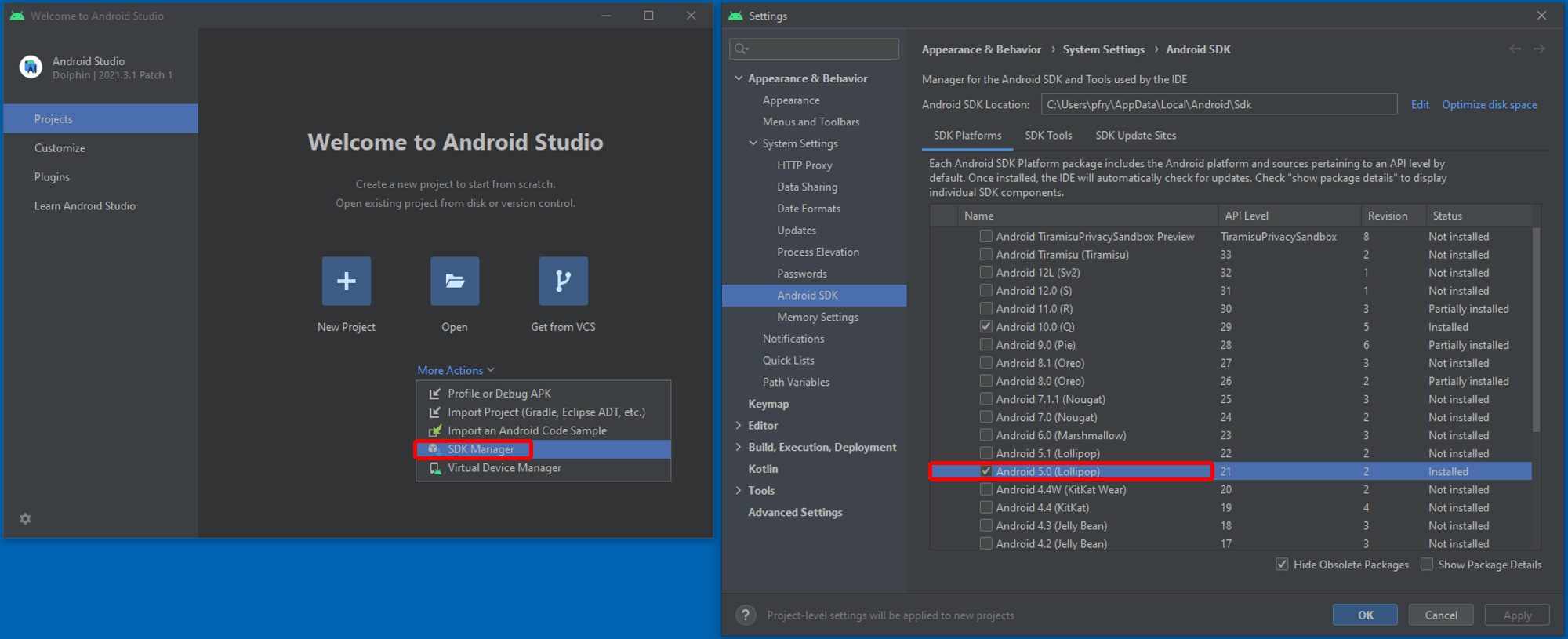 Android Studio SDK Manager from home page - hugo