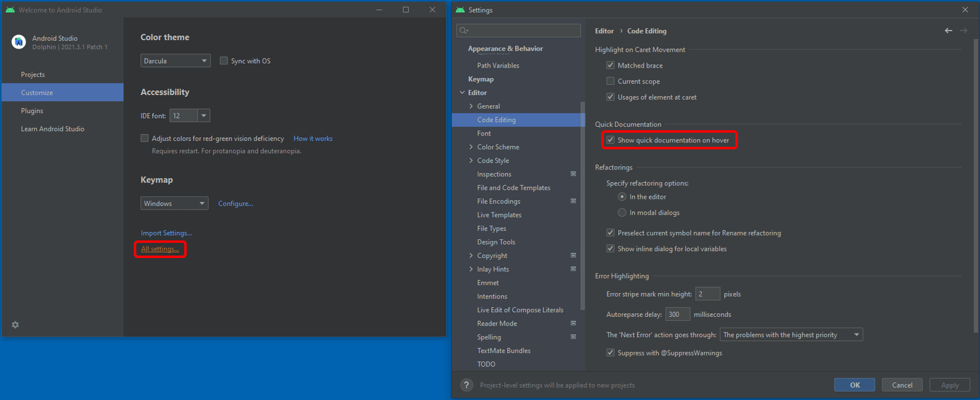 Android Studio quick docs on hover setting from home page - hugo